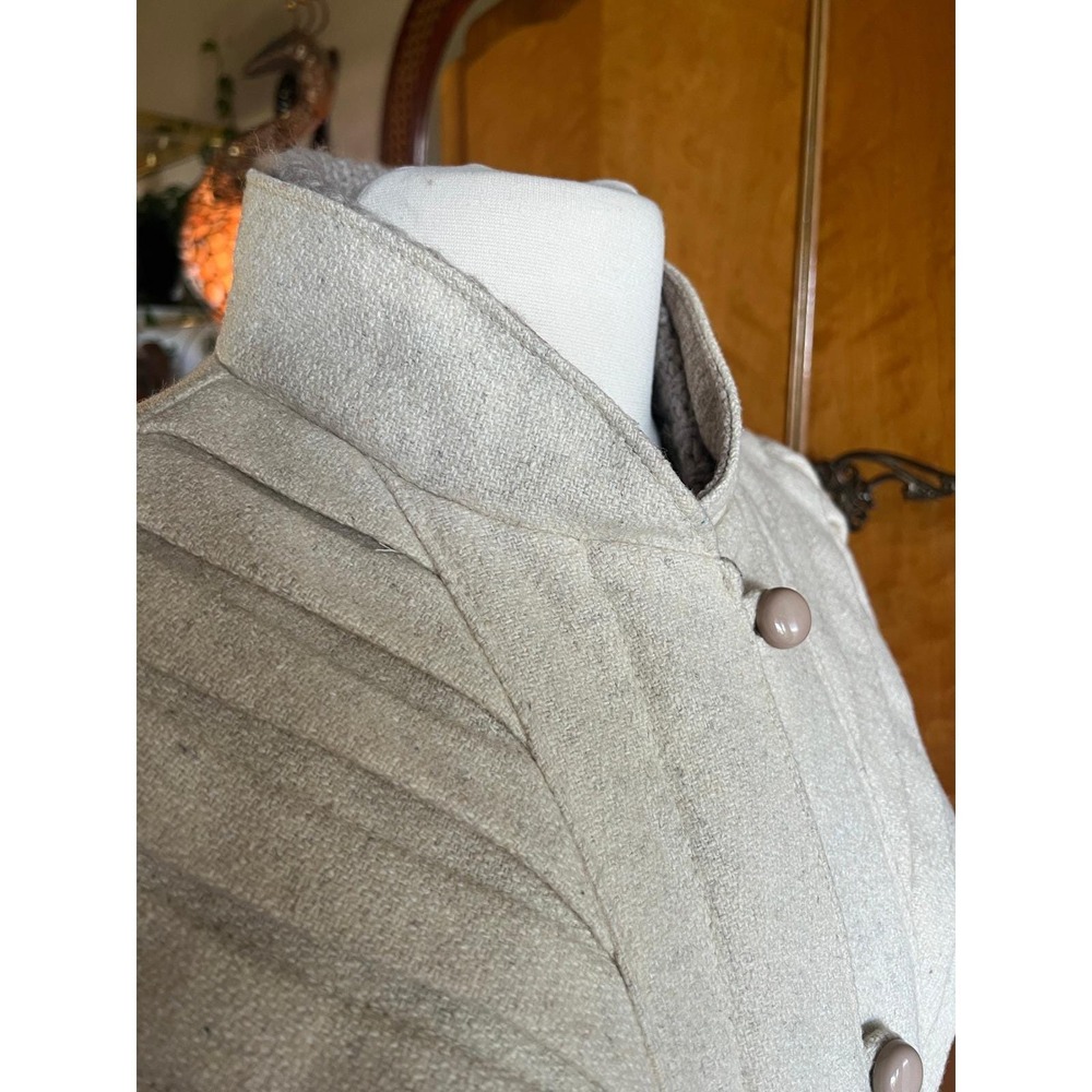 Vintage 70s Cream Wool Pleated Sunburst Jacket Puff Shoulder Quiet Luxury - Picture 11 of 16